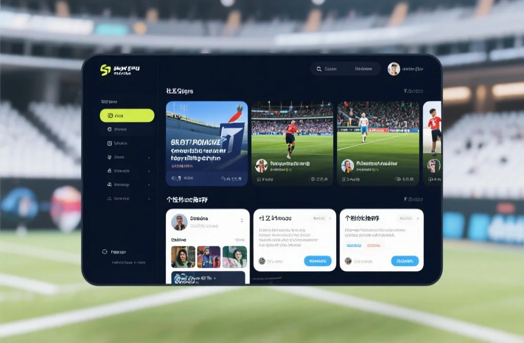 一个现代化体育互动平台的界面，展示实时赛事信息、社区讨论区和个性化推荐模块